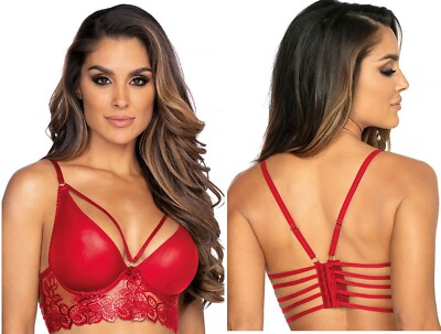 AXAMI  ROT BÜGEL BH SPITZE GEPOLSTERT bänder bustier clubwear V-10071 kunstleder