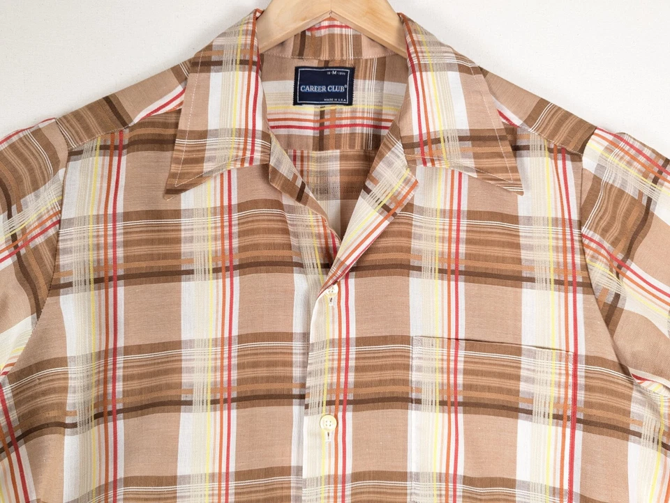 Camisa Career Club Hombre M 15-15.5 Marrón Rojo Amarillo Naranja A Cuadros Delgada Manga Corta Foto 2 de 4