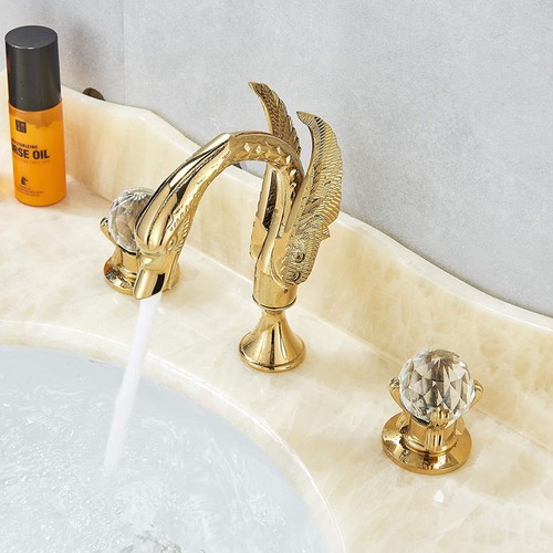 Gold Swan Style Bathroom Basin Sink Faucet 2 Handle 3 Hole Deck Mount Mixer Tap - Picture 18 of 27
