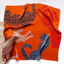 100% Silk Scarf Women Fashion Leopard Pattern Kerchief Square Bandana Wrap 68cm