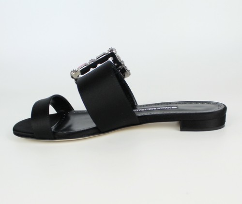NEW MANOLO BLAHNIK Verda Crystal Buckle Slide Sandal, Black, EUR 37.5, MSRP $895 - Picture 7 of 12