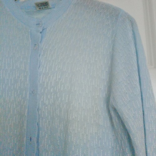 Vintage Light Blue Cardigan Long Sleeve Clear Buttons Fine Knit Pattern Size S - Picture 4 of 24