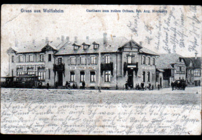 GRUSS aus WOLFISHEIM (67) STRAßENBAHN im RESTAURANT ''ZUM ROTHEN OCHSEN, A. STEGMANN''