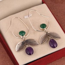 Green Onyx And Amethyst Silver Hoop Leaf Earring 925 Silver Dangle Earrings Gift