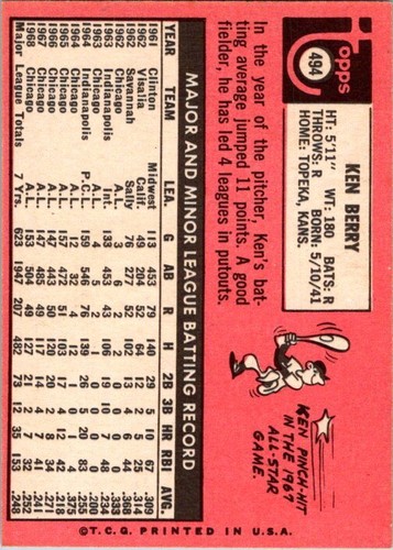 1969 Topps #494 Ken Berry baseball card 9iiii - 第 2/2 張圖片