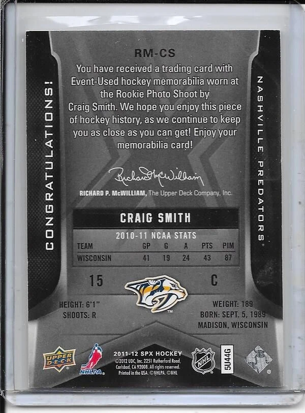 2011-12 SPx Craig Smith Rookie Materials Jersey # RM-CS - Image 2 of 2