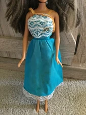 Barbie Doll Dress 1970's 80's Turquoise Blue with White Lace Trim Yellow Neck Ti