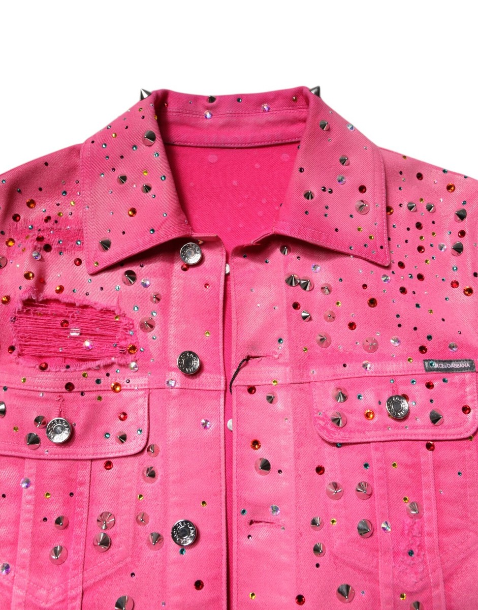 DOLCE & GABBANA Jacket Pink Crystal Embellished Cotton Denim IT46
