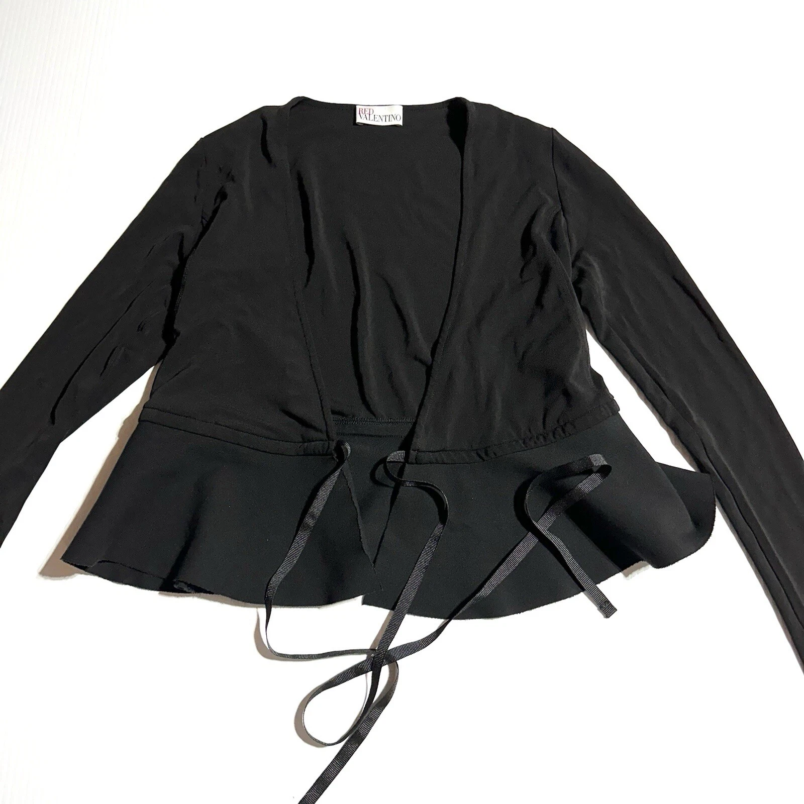 Top donna RED VALENTINO nero avvolgente taglia XS blusa peplo cravatta vita manica lunga