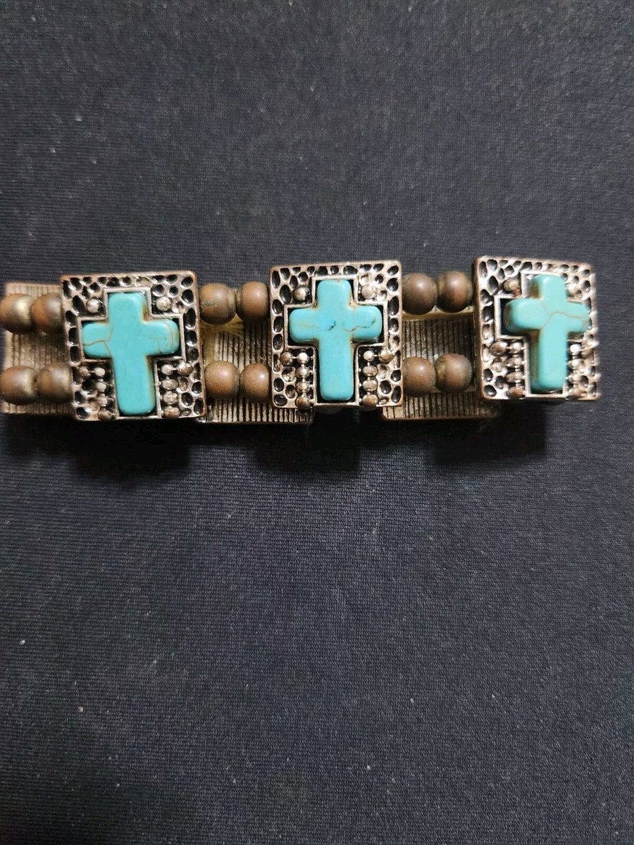 Bracelet With Crosses Gold Tone Faux Turquoise Stretch Elastic
