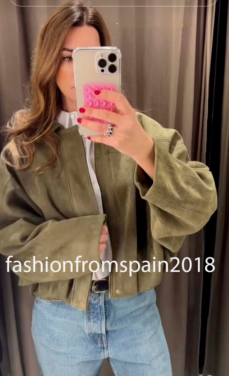 ZARA NEW WOMAN FAUX SUEDE BOMBER JACKET MID-KHAKI GREEN S,M,L 4344