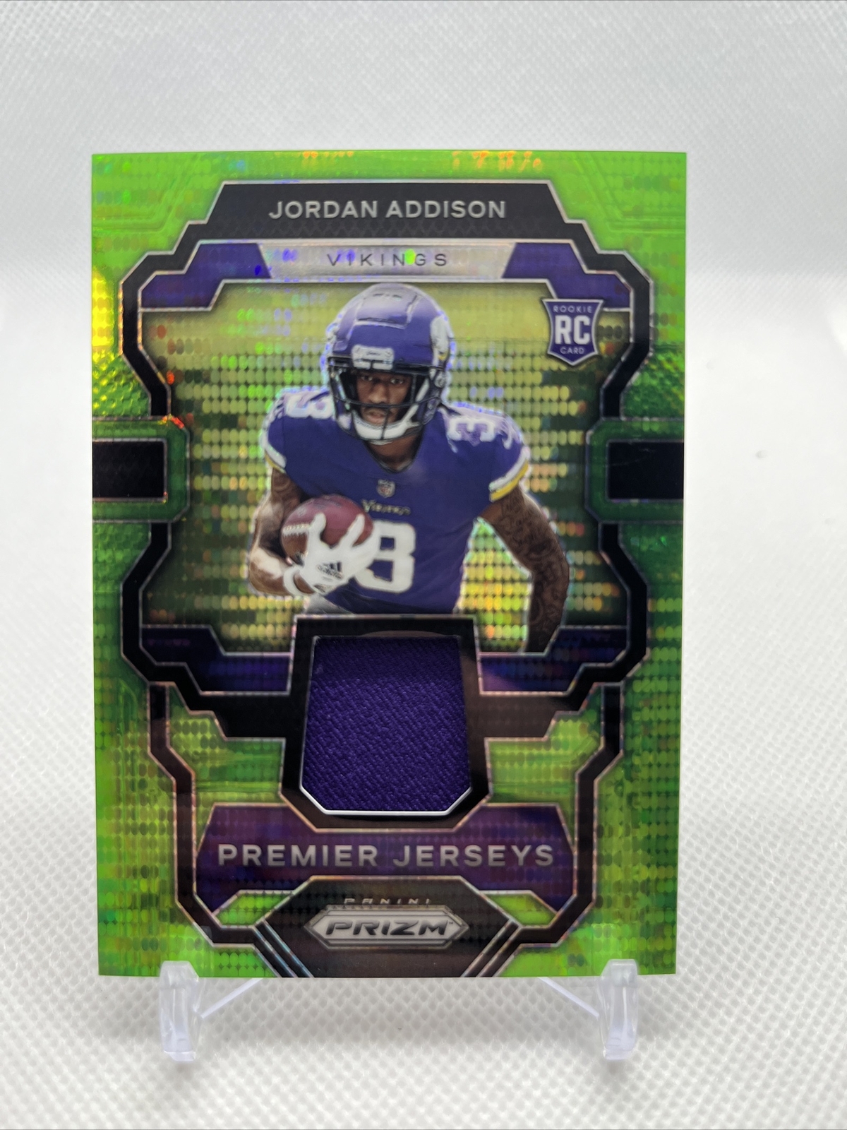Jordan Addison RC 2023 Panini Prizm PREMIER JERSEY Green Pulsar Rookie Patch