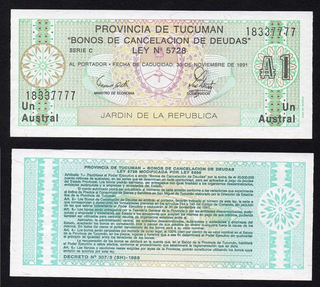 Argentina Province Of Tucuman 1 Austral 1991 P S2711 Fds / UNC B-05 Argentina Province Of Tucuman 1 Austral 1991 P S2711 Fds / UNC B-05