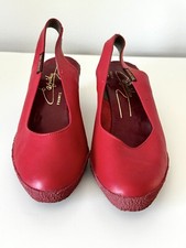 Ted Lapidus Vintage Wedge Heel Slingback Shoes Red Leather Sz 7 RARE France