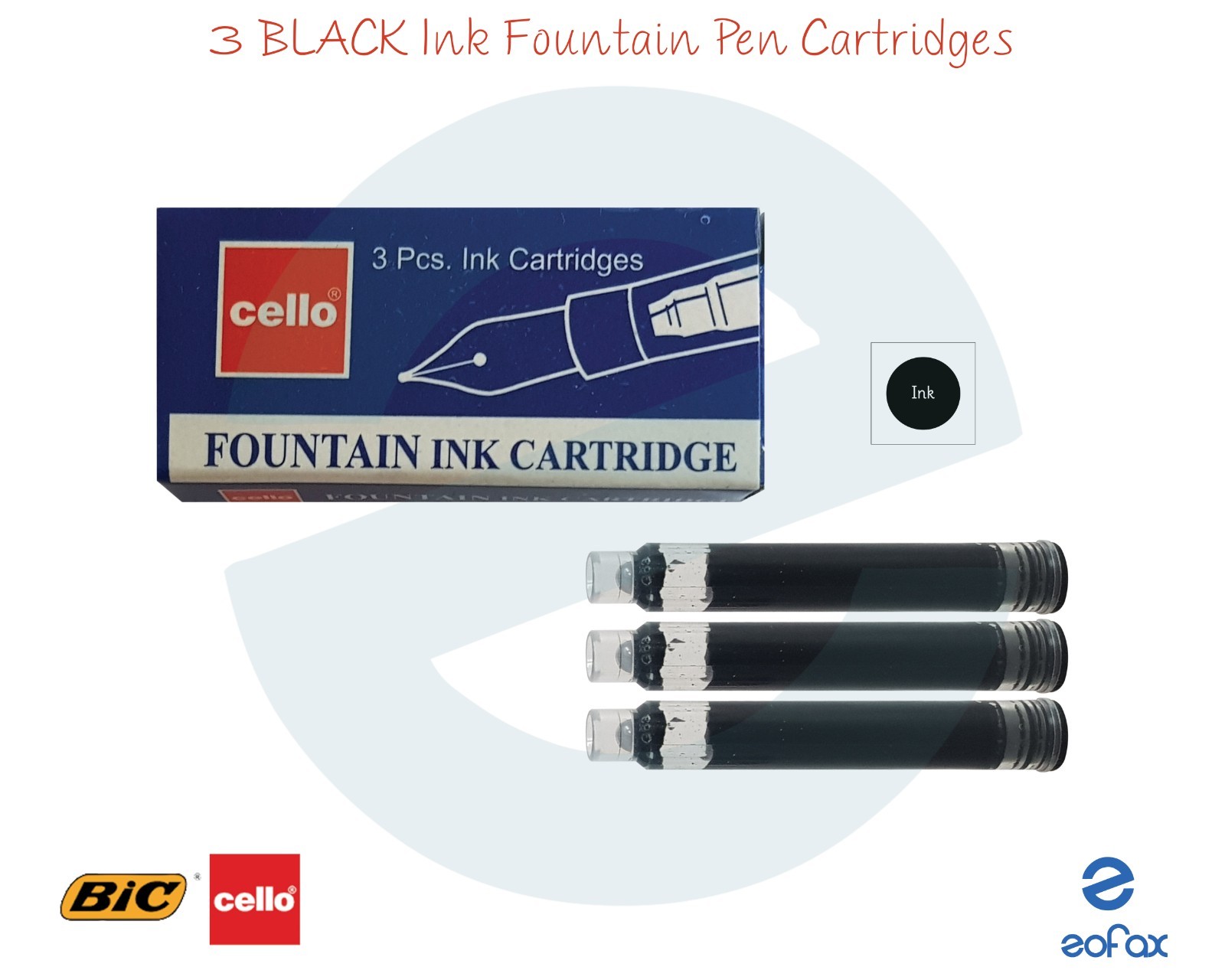 3 x BIC CELLO Fountain Pens BLACK Ink Standard Cartridges Refills eBay
