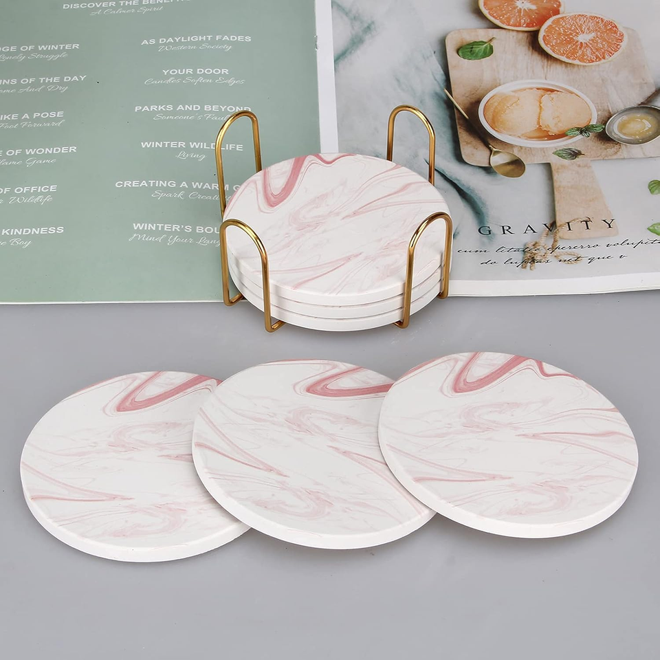 6 Pcs Cute Pink Marble Coasters Set for Drink Beverages Absorbent ...