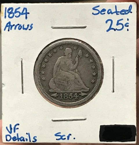 1854 Arrows 25C Silver Liberty Seated Quarter Dollar VF Details Scratches