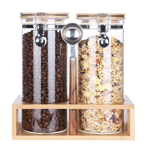 KKC Airtight Tall Glass Coffee Sugar Jar Canisters with Hinged Lids for Count...