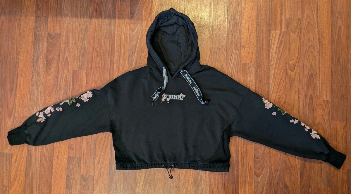 Hollister Floral Sleeve Hoodie Women's XL Black Cropped Pullover