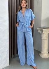 Camisa Safari Zara Mezcla Lino y Pantalón Pierna Ancha Talla S Azul Co Ord 2273/996