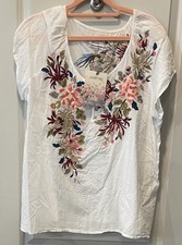Johnny Was Stella Cap Sleeve Peasant Blouse White Embroidery NEEDS BUTTON SEWN