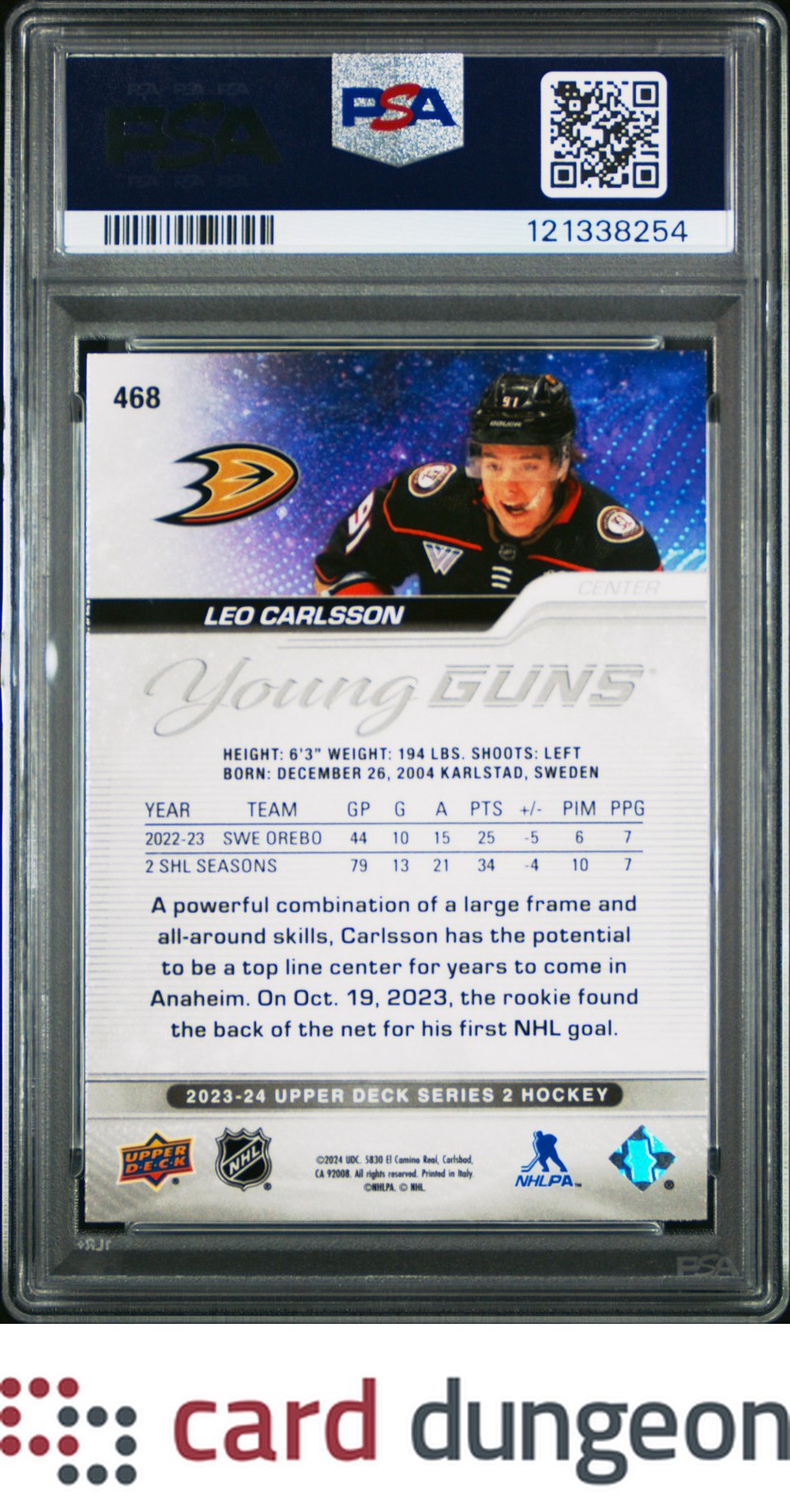Leo Carlsson 2023 Upper Deck #468 Young Guns - 121338254 PSA 9 view 2