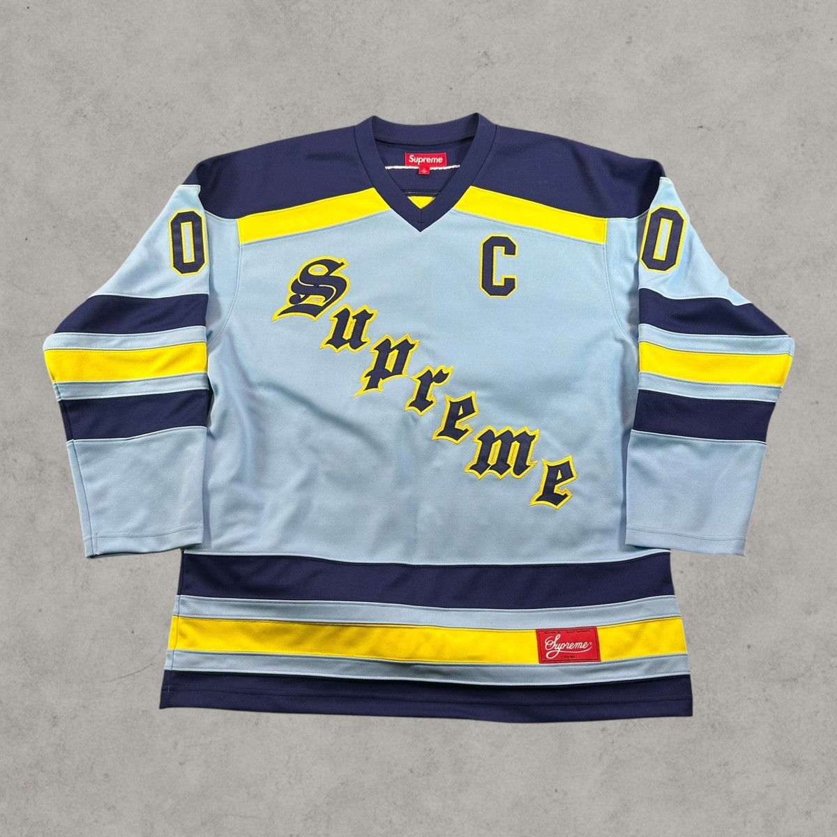 Supreme Shootout Hockey Jersey Mens Large Blue Fire & Ice Embroidered Patch B144