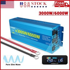 3000W 6000W 24V to 120V Power Inverter Pure Sine Wave LCD 2USB 3AC Converter NEW
