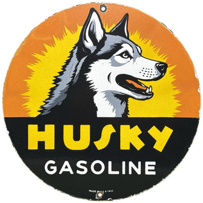 VINTAGE HUSKY GASOLINE PORCELAIN SIGN K-9 GAS STATION PUMP PLATE MOTOR OIL DOG