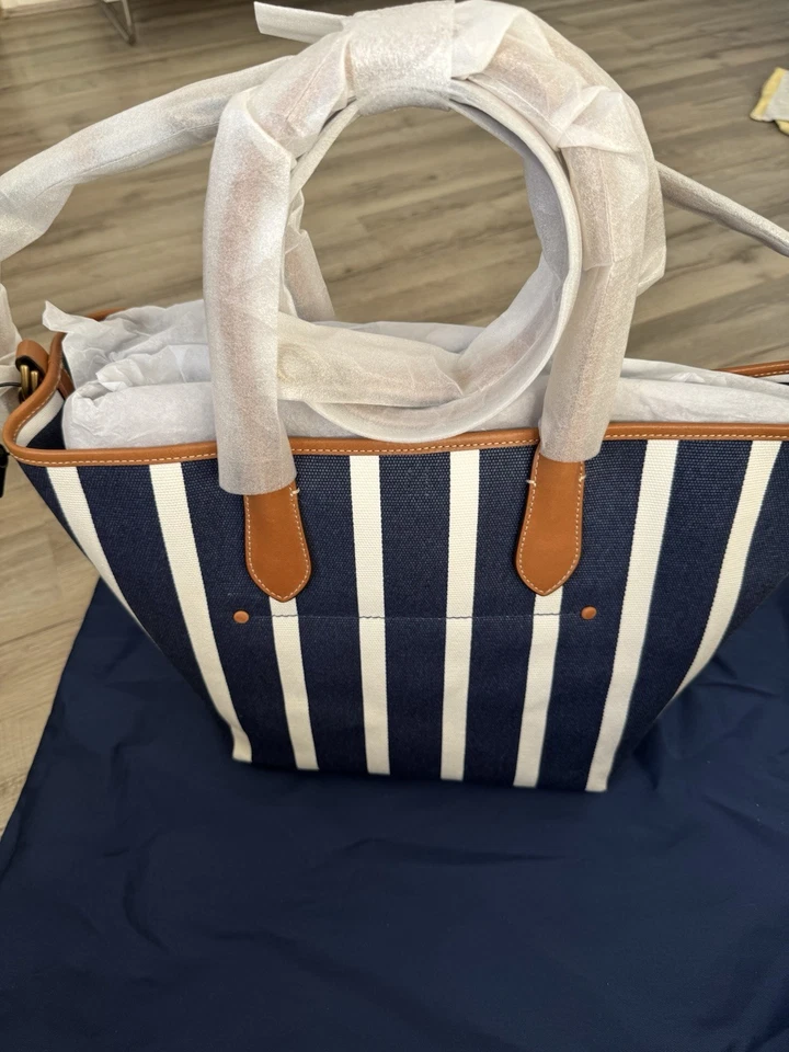 New Polo Ralph Lauren Striped Canvas Navy White Striped Medium Bellport Tote Bag - Image 3 of 4