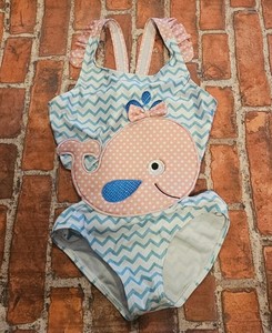 KavKas Girls Whale Chevron One Piece Swimsuit Size 4T Pink Polka Dot Ruffle
