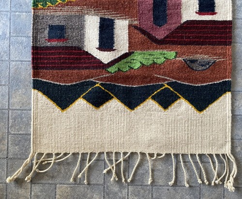 Hencho En Mexico Lana Mexican Made 100% Wolle Teppich Fransen Dorf Szene Vintage - Bild 12 von 12