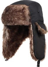 SATINIOR 1 Piece Unisex Trapper Hat with Chin Strap Faux Fur Earflaps Black 
