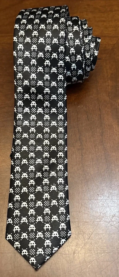 Video Game Neck Tie Atari Space Invaders Retro Gaming Black White Aliens - Image 2 of 4