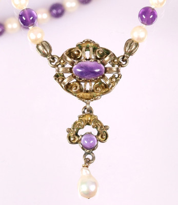 Amethyst Perlen Collier Trachtenschmuck Tracht 750 Gold + 835 Silber vergoldet