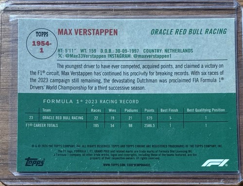 2024 Topps Chrome Max Verstappen 1954 Refractor #1954-1 Oracle Red Bull Racing - Picture 2 of 2