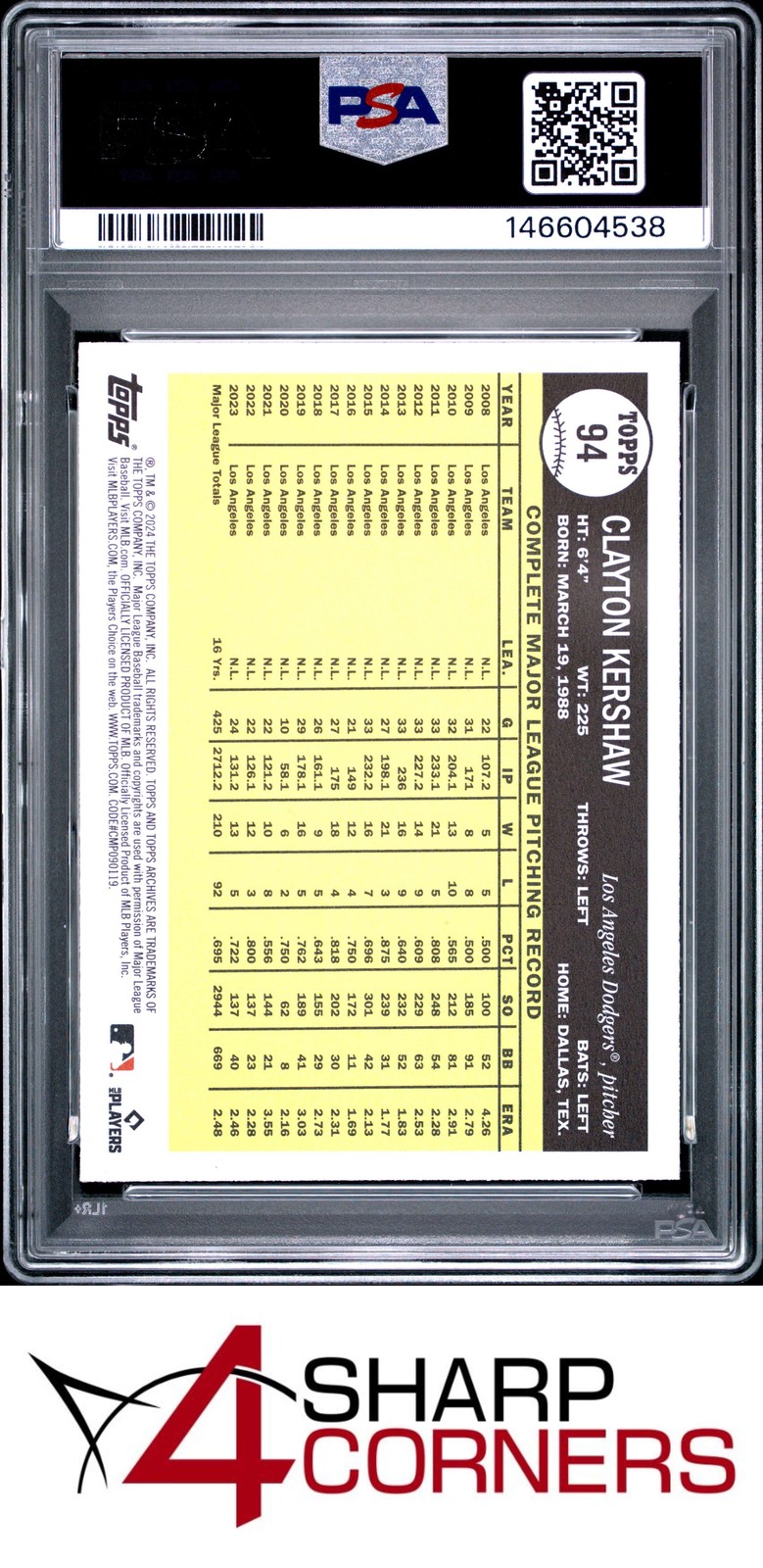 2024 TOPPS ARCHIVES #94 CLAYTON KERSHAW POP 4 PSA 10 view 2