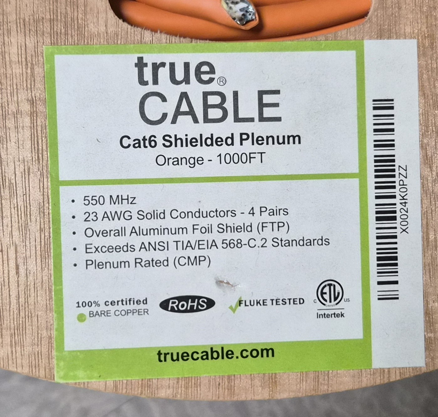 NEW TRUE CABLE Cat6 Plenum Ethernet Cable｜Shielded 6ESCMPORG_1Krl 1,000FT