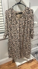 ZARA Shirt Dress S Beige/Black Animal Print V-Neck 3/4 Sleeve Knee-Length