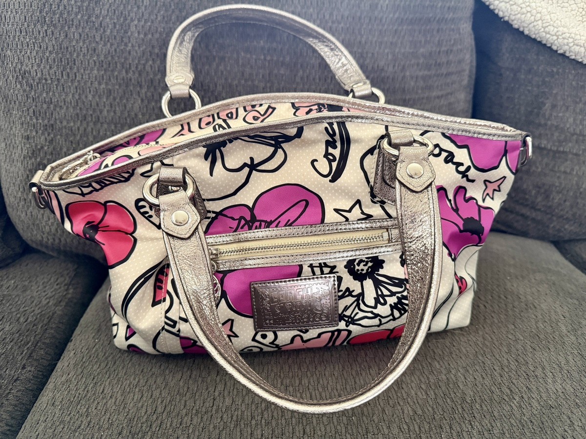 Coach Pink Silver Poppy Kyra Y2K 2009 Artistic Floral Graffiti