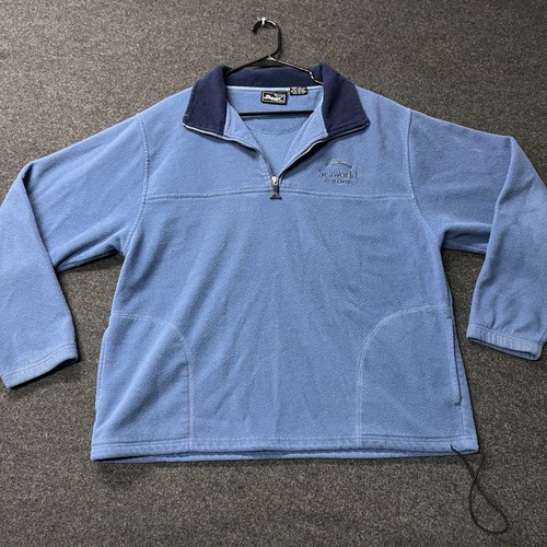Vintage Sea World Above Sea Level Fleece Jacket Mens LARGE Blue Quarter Zip
