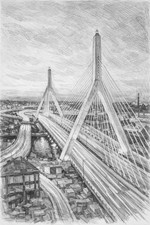 ZAKIM BUNKER HILL MEMORIAL BRIDGE Cityscape Pencil Sketch Art Poster Photo 24x36