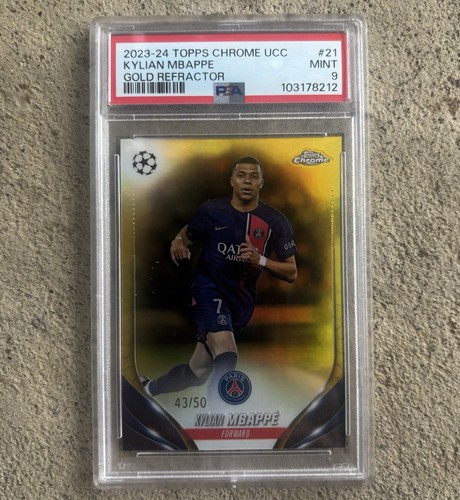 2023-24 Topps Chrome UEFA Kylian Mbappe Gold Refractor #/50 PSG PSA 9