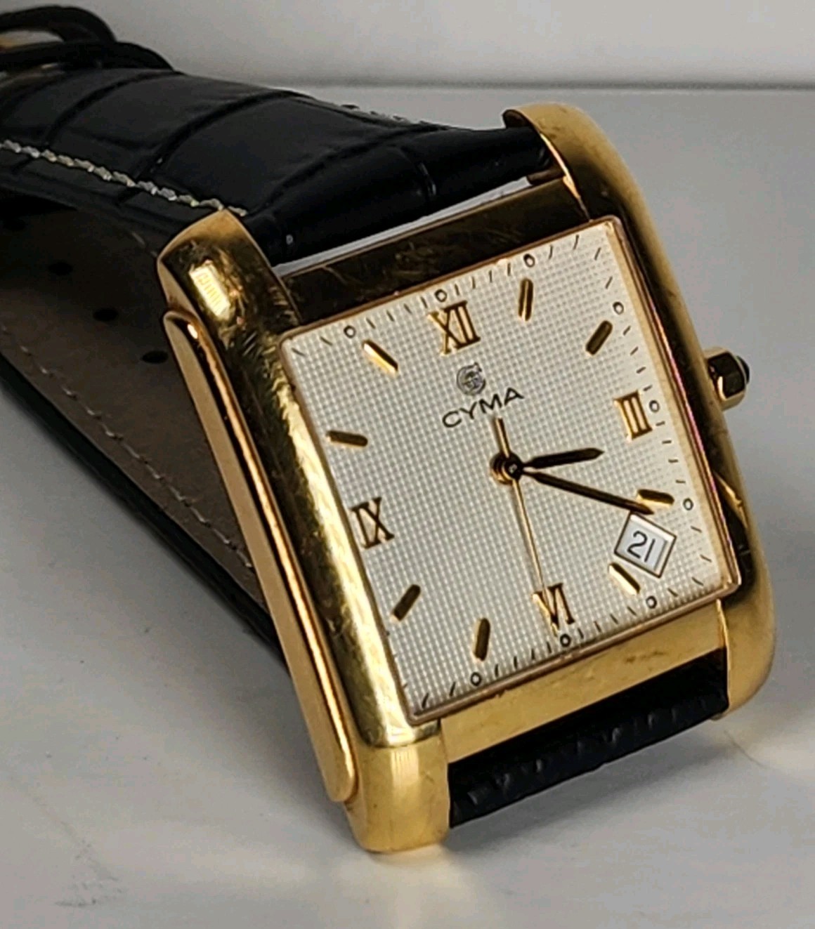 Cyma14k Solid Gold Rectangular Tank Watch & Date … - image 1