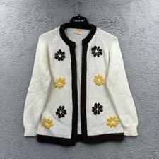 Vintage 1960s Sears Acrylic White Brown Cardigan Sweater Blue Flower Embroidery
