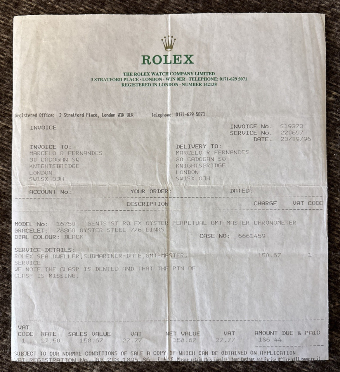 Rolex GMT Master 16750 Pepsi con Certificato di Servizio