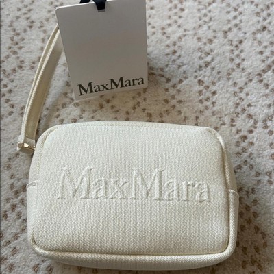 NWT Max Mara Leccio MM Beauty Case Cream Canvas Wristlet Clutch