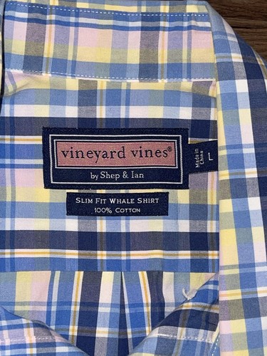 Vineyard Vines Shirt Mens Large Blue Yellow Plaid Slim Fit Whale Button Down - Picture 3 of 5