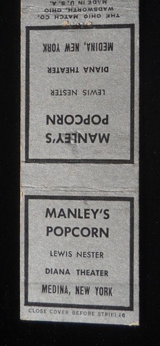 1940s Manley's Popcorn Lewis Nester Diana Theater Medina NY Orleans Co Matchbook