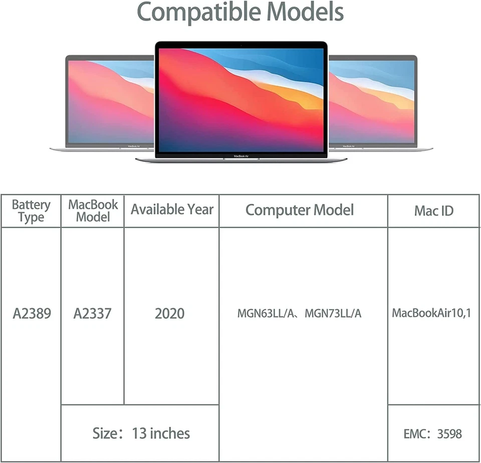 Batería para portátil A2389 A2337 para MacBook Air 13 pulgadas (M1, 2020) EMC 3598 MGN53LL/A Foto 2 de 4